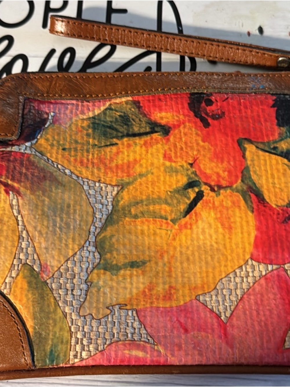 Patricia Nash Yellow Red Floral Canvas Wristlet with Brown Trim